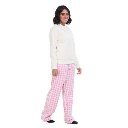 Women Winter Pajama Set Off White Sweatshirt +Pink Gingham Pattern Pants